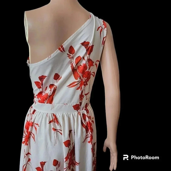 SILKY RED WHITE FLORAL 1 SHOULDER MAXI DRESS SUNDRESS~S/L ZIP - Picture 3 of 7